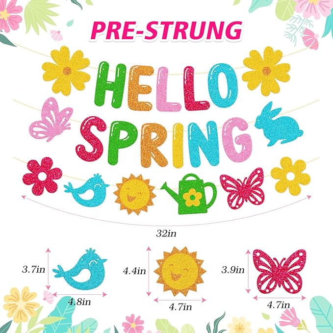 Hello Spring Banner, Glitter Spring Decoration for Home, Classroom, Easter Party & Porch - Floral Welcome Sign for Indoor Outdoor Door Wall Decor, Easter Seasonal Themed Photo Backdrop