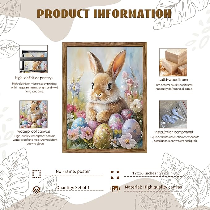 Framed Easter Bunny Wall Art, Cute Bunny with Eggs Poster Prints, Vintage Cottage Holiday Theme Canvas Artwork, Spring Atmosphere Wall Decor for Kids Room Girls Bedroom Living Room 12x16in
