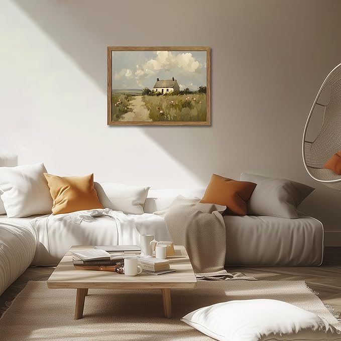 Vintage Wall Art, Framed English Countryside Cottage Painting Print, Country Farmhouse Canvas Wall Art, Rustic Landscape Pictures Artwork Wall Decor for Bedroom Living Room – 16x24 inch
