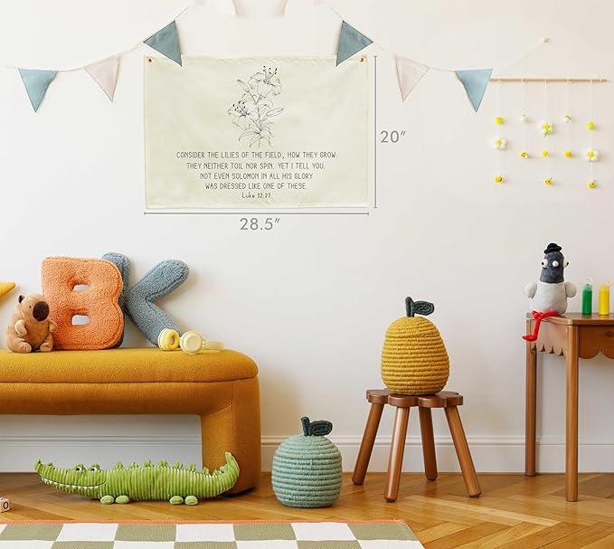 Rectangular Christian Scripture Canvas Banner Wall Decor-Flag Wall Sign for Baby Boy Girl Kids,Bible Verse Nursery Bedroom Nursery Decor,Baby Shower Baptism Christmas Gift-Consider the Lilies
