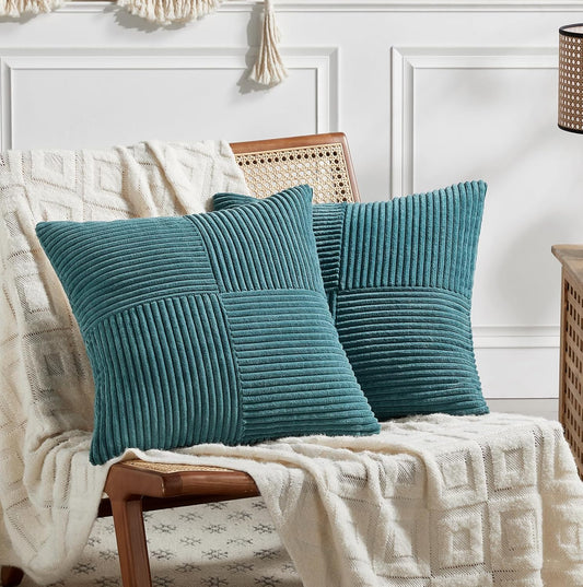 Fancy Homi 2 Packs Teal Euro Decorative Throw Pillow Covers 28x28 Inch for Couch Bed Sofa, Rustic Farmhouse Boho Home Decor, Soft Corss Corduroy Patchwork Textured Square Cushion Case 71x71 cm