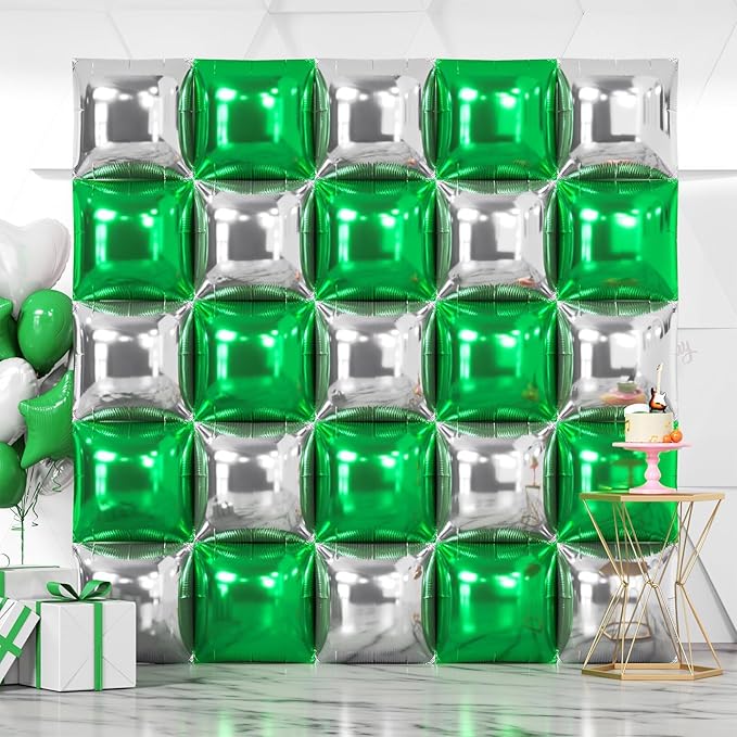 NISOCY 25PCS Green Silver Square Foil Balloons Wall Backdrop Double Sided Silver Green Balloons Arch Kit for Birthday Anniversary Graduation Forest Baby Bridal Shower Kids Party Decorations