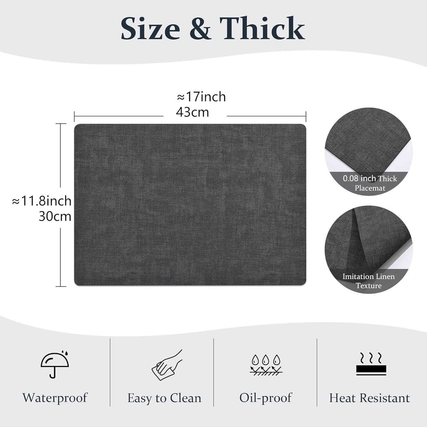 FROMHEART Faux Leather Placemats Set of 6–Waterproof,Heat/Oil Stain-Resistant PU Table Mat–Reversible,Non-Slip,Easy to Clean Place Mats for Kitchen,Dining,Indoor/Outdoor,(Dark Grey,11.8" x 17")