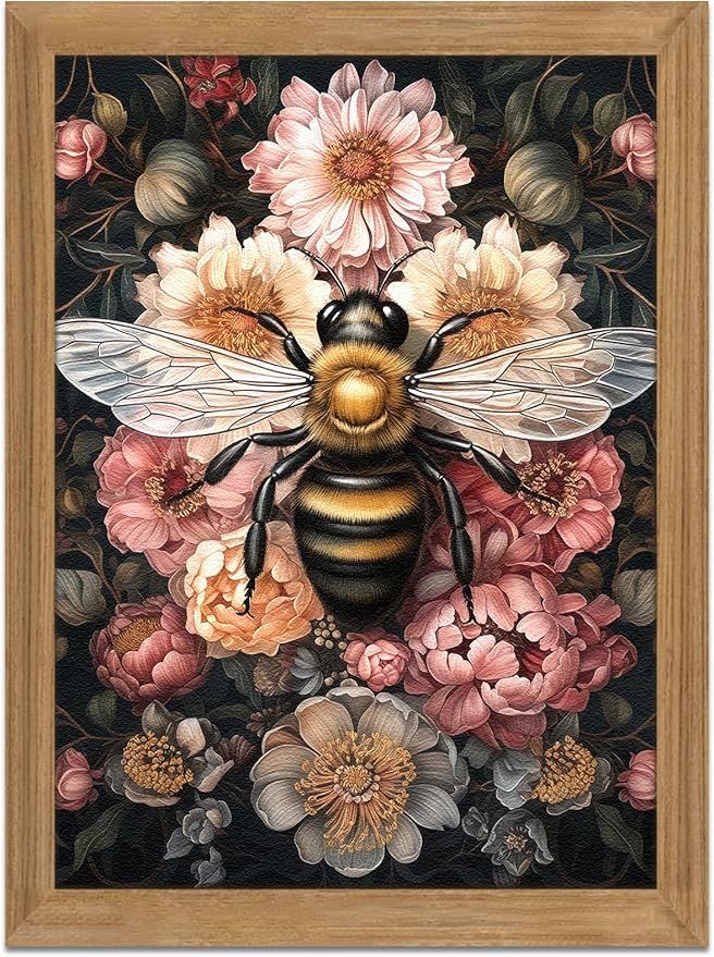 Framed Vintage 3D Textured Wall Art - Dark College Bee Flowers Wall Decor - Hand Drawn Sandstone Nature Botanical Pictures for Living Room Bedroom Home Decor 12x16in
