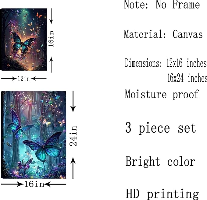 3Pcs Framed Butterfly canvas Wall Art Fantasy forest butterfly wall decoration picture Butterflies poster print Painting Modern Artwork for Home Bathroom Bedroom Living Room Decoration Ready to Hang