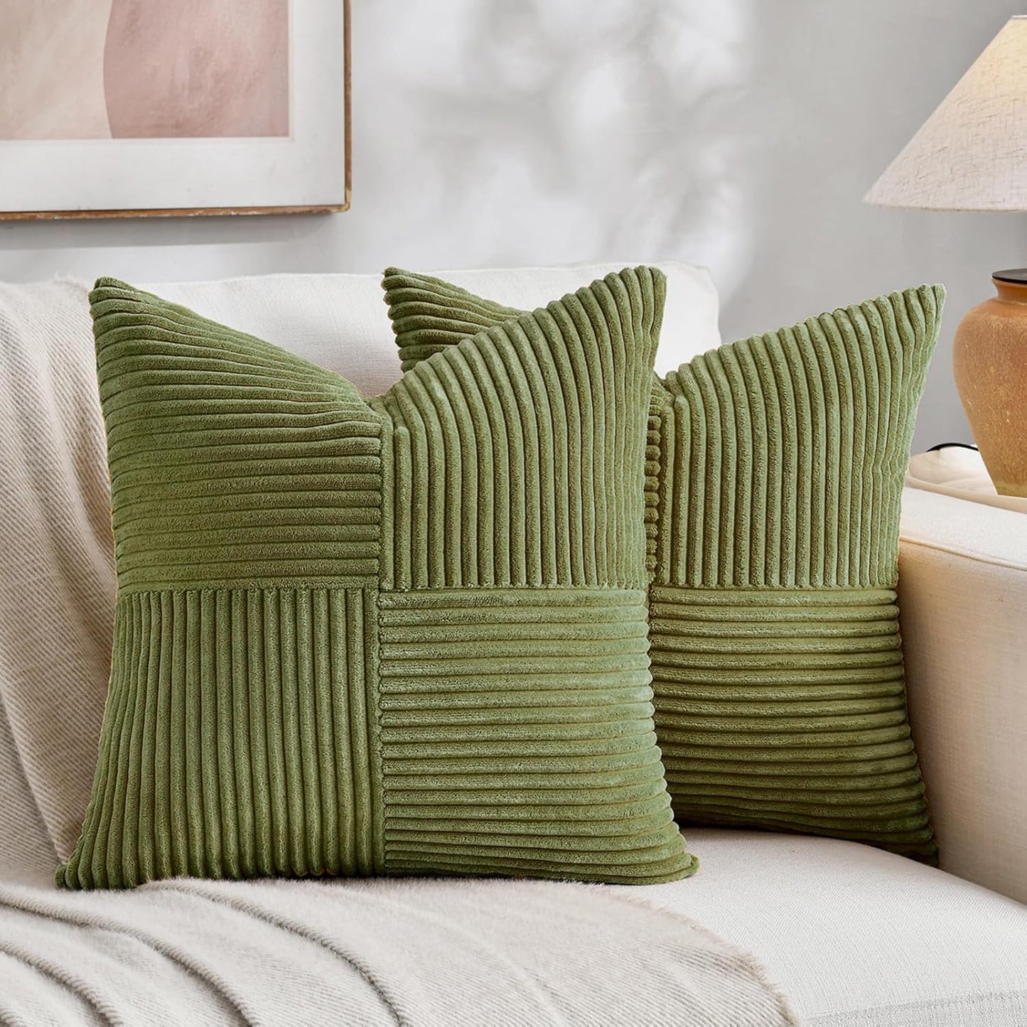 Fancy Homi 2 Packs Moss Green Decorative Throw Pillow Covers 20x20 Inch for Living Room Couch Bed Sofa, Farmhouse Boho Home Decor, Soft Corss Corduroy Patchwork Accent Square Cushion Case 50x50 cm