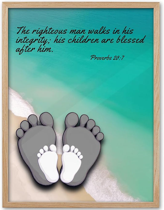 KensTro Natural OAK Wood Nursery Decor Framed Wall Art, 12x16 in Inspirational Christian Bible Verse Wall Art,Footprints Coastal,Blue Scripture Print for Boys Girls Playroom Bedroom Decor Set of 1