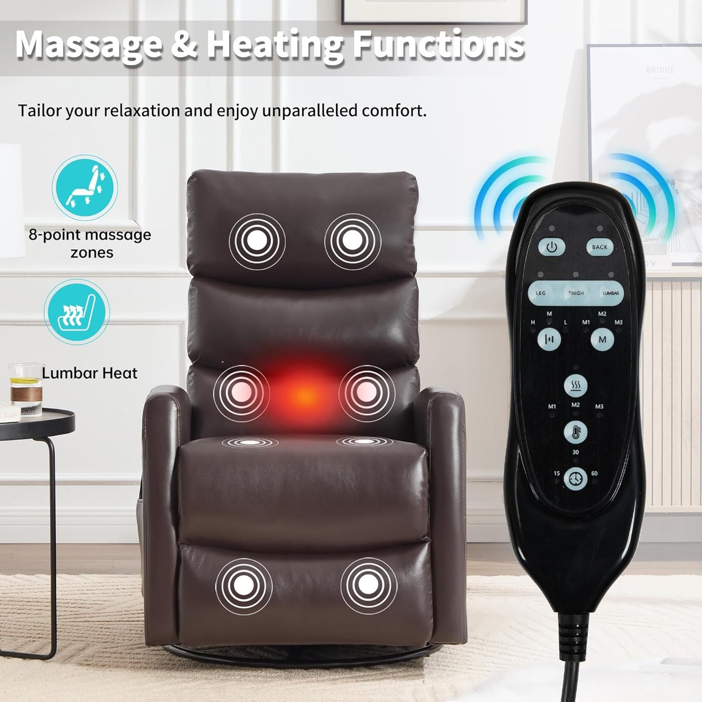 Manual Swivel Rocker Recliner Chair for Adults, Overstuffed Reclining Glider Chair for Nursing with Vibration Massage & Heat, Living Room Rocking Recliner 3-Stage backrest, Faux Leather Brown