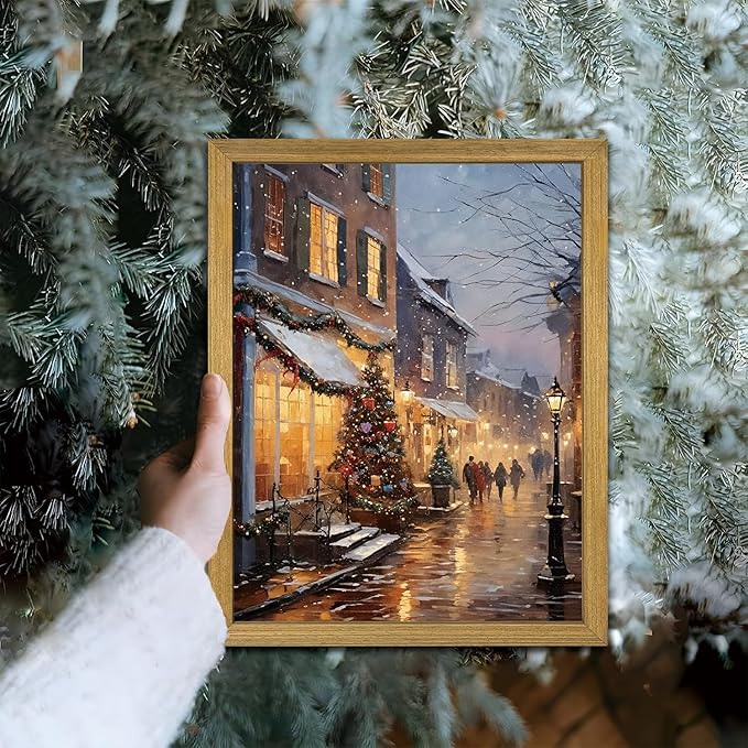 Vintage Christmas Wall Art 8x10 Inch, Wood Framed Winter Snow Street Canvas Print Picture, Rustic Holiday Christmas tree Wall Decor Oil Painting for Living Room Bedroom Kitchen