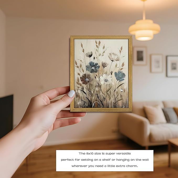 Yaneiro Wood Framed Vintage Wildflower Wall Art, Boho Canvas Wall Decor Paintings, Sage Flower Bathroom Decor, Countryside Farmhouse Landscape Posters Print for Bedroom Hallway Living Room 8x10 Inch