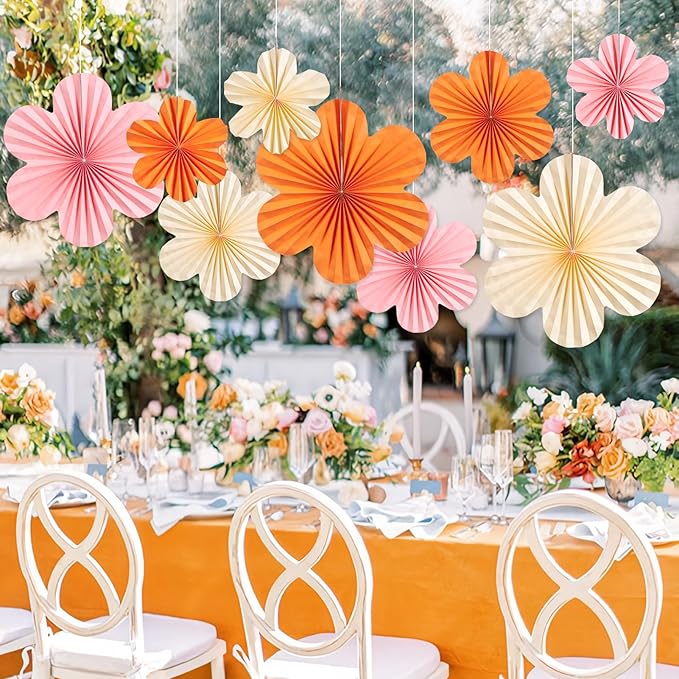 Paper Flowers Decorations for Wall Pink and Orange Paper Fans Classroom Decoration Paper Floral Backdrop Decor Paper Fans Decoration Hanging Paper Fans Pink Flower Wall Decor, Set of 9