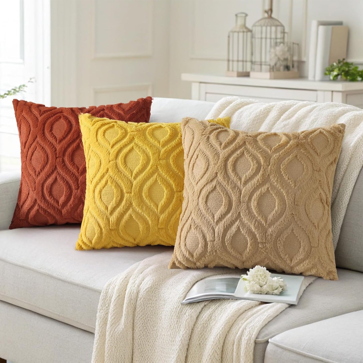 decorUhome Fall Throw Pillow Covers 24x24 Inch Set of 2, Soft Plush Decorative Faux Fur Rust Solid Couch Pillow Covers, Accent Farmhouse Neutral Square Euro Pillow Cases for Sofa Bed Living Room