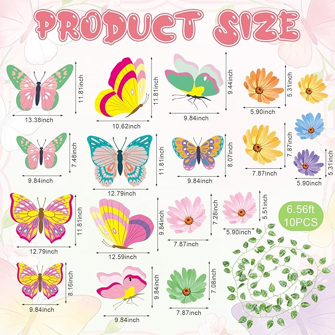 30 Pcs Spring Decorations for Classroom Spring Ceiling Hanging Decorations Kit with 20 Butterfly Bloom Flower and 10 Green Radish Garland for Party Wall Office Classroom School Decor