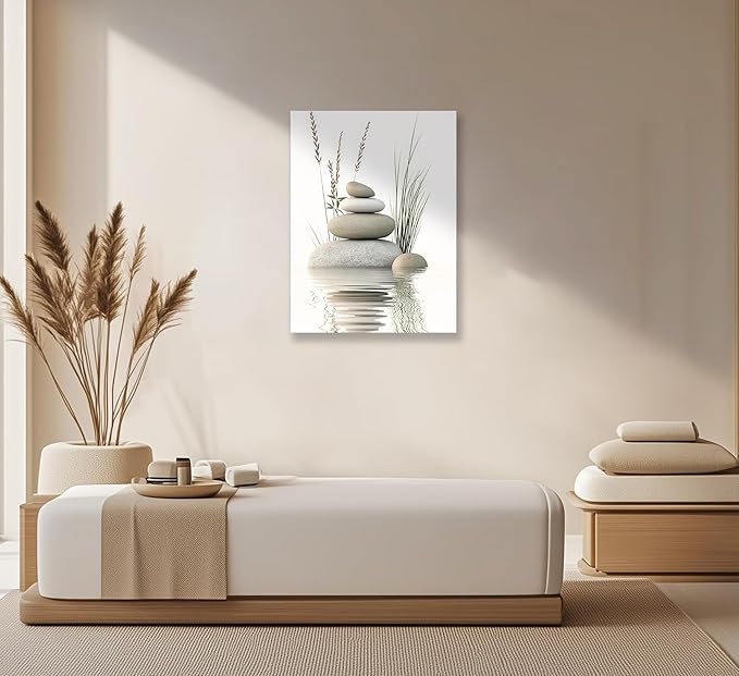 Zen Stone Canvas Wall Art Stacked Stones in Water Poster Print Tranquil Wild Grass Painting Picture for Spa Yoga Meditation Room Bathroom Wall Decor 24x36in Ready to Hang Framed