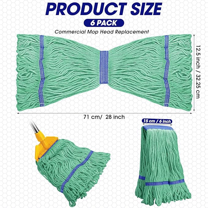 6 Pack Heavy Loop End Cotton String Mop Head Heavy Duty Mop Head Commercial Refills Mop Head Replacement for Home Industrial Commercial Floor Cleaning(Green, Blue)