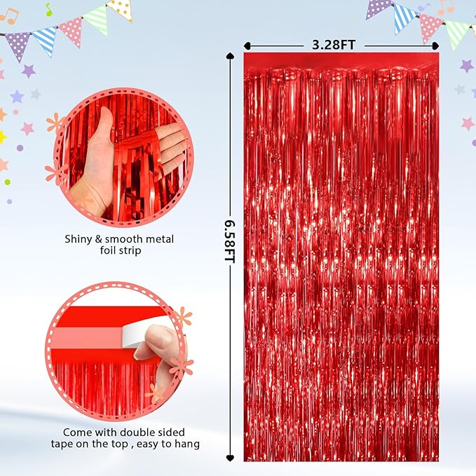 GCB 2 Pack Red Tinsel Backdrop, Fringe Curtains, Red Foil Tinsel Party Streamer Backdrop Curtains for Valentines Day, Wedding Photo Backdrop Party Decorations for Wedding Anniversaries Bridal Shower
