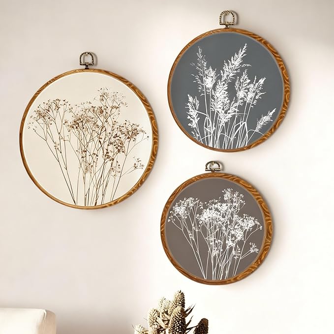 Fiwochic 3 Pcs Round Beige Wall Decor Boho Vintage Flowers Wall Artwork Spring Floral House Artwork Flowers Painting Canva Print Framed Art Farmhouse Nature Hanging Boho Decor for Bedroom