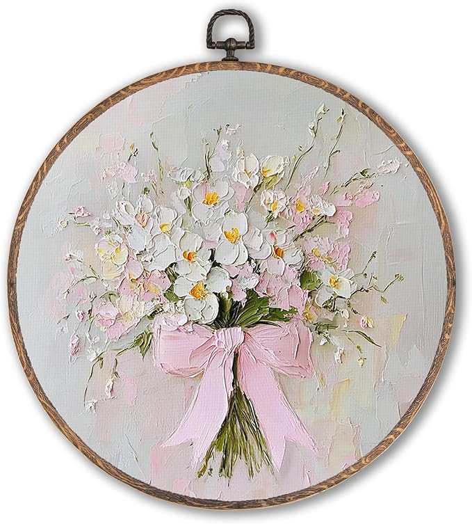 Hxlac Vintage Pink Bow Floral Bouquet Round Wall Art Framed, White Floral Round Wall Decor, Vintage Flower Hanging Canvas Prints Wall Sculptures for Bedroom Living Room Decor, 10x10 Inch