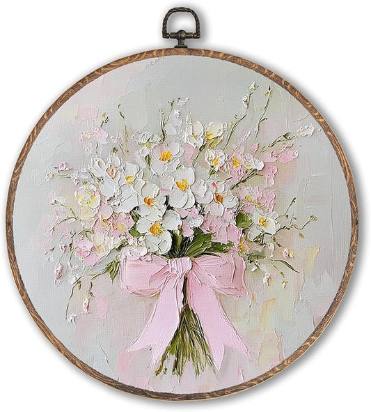 Hxlac Vintage Pink Bow Floral Bouquet Round Wall Art Framed, White Floral Round Wall Decor, Vintage Flower Hanging Canvas Prints Wall Sculptures for Bedroom Living Room Decor, 10x10 Inch