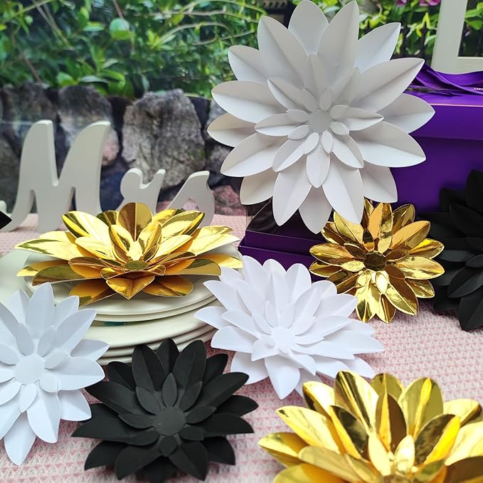 3D Paper Flower for Wall Wedding Backdrop Bridal Shower Party Centerpieces Home Wall Decor Pack of 9 (Black White Gold)