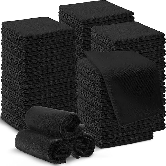 Macarrie 200 Pieces Microfiber Cleaning Cloths Bulk Absorbent Microfiber Towels Reusable Lint-Free Streak Free Wash Rags for House Kitchen Office Restaurants Bar Shop Car, 12 x 12 Inches (Black)