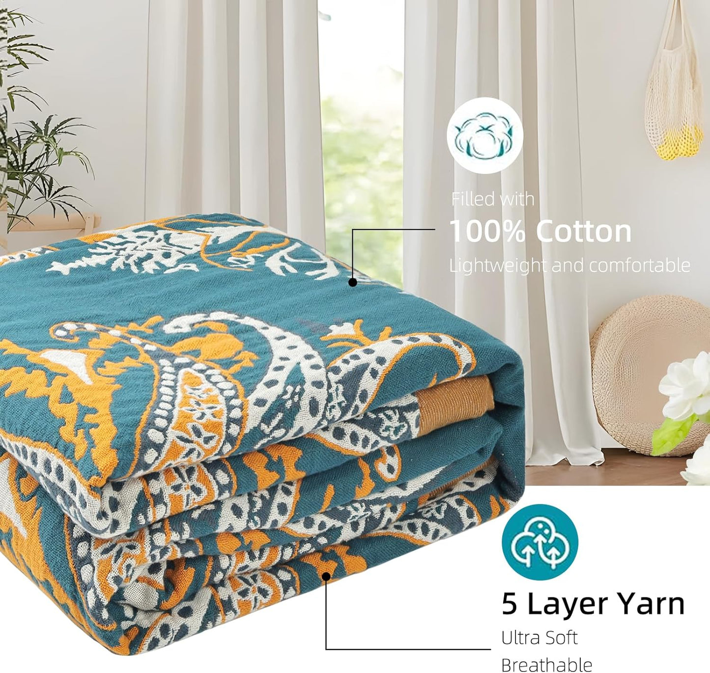 Boho Throw Blanket for Bed - 100% Pure Cotton Ultra Soft Rustic Quilt - Farmhouse Decor Bed Blankets, All Season Rustic Throw for Sofa Couch Chair(80''x 90'', Boho Floral)