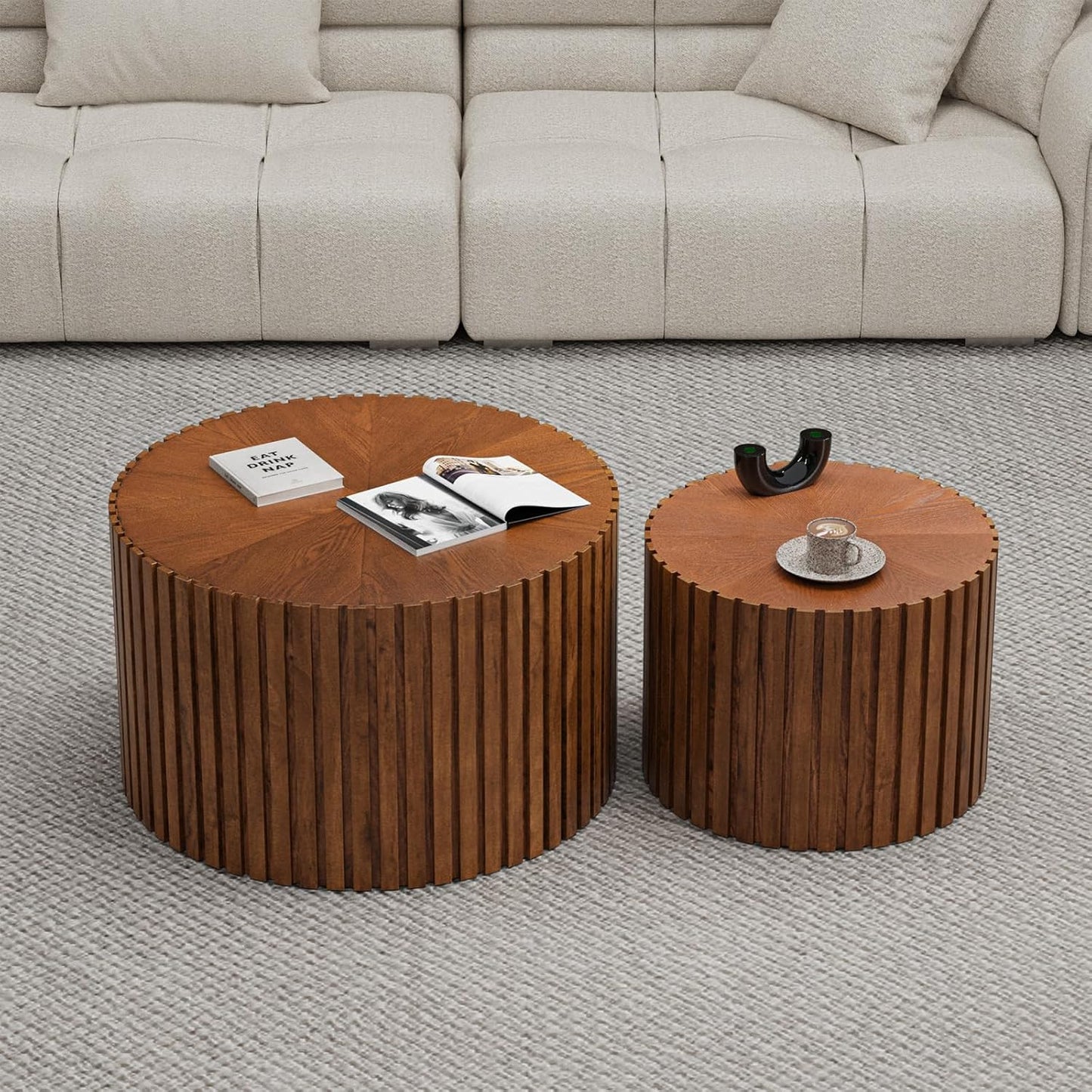 Round Nesting Coffee Table Set of 2 Handcraft Circle Fluted Nesting Coffee Tables Circular Side Table Drum Accent End Tables for Living Room Bedroom (Brown Small)