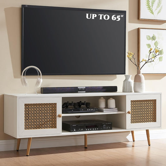 JYED Mid Century Modern TV Stand with Metal Mesh Doors and Open Shelf for 65" TVs,Antique White Media Console Wood Entertainment Center with Cable Holes for Living Room.59.06"x15.55"x20.87"