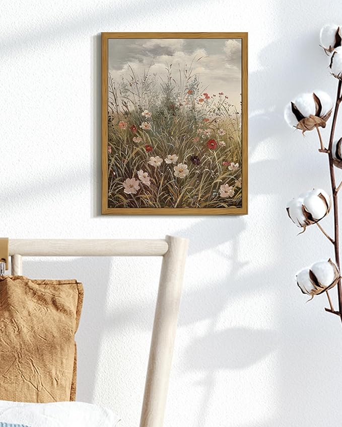 SHENIFY Vintage Landscape Framed Wall Art Wildflower Field Scenery Farmhouse Decor Retro Meadow with Flowers Painting for Kitchen Living Room Bedroom Bathroom - 8x10in Natural Framed