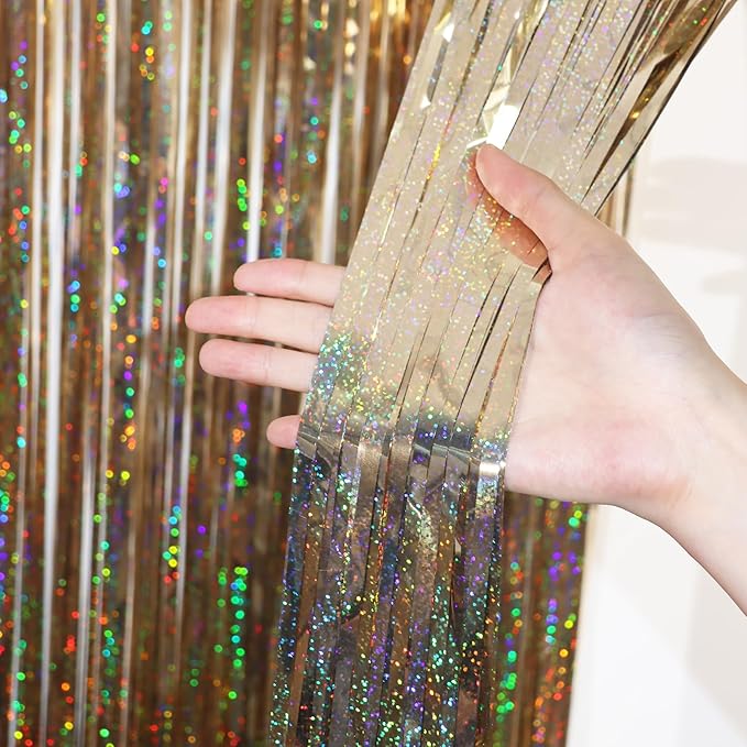 3.3 x 6.6 ft Foil Fringe Backdrop Curtains, Tinsel Streamers Party Decorations, Fringe Backdrop for Birthday, Baby Shower, Gender Reveal, Graduation (6, Champagne)