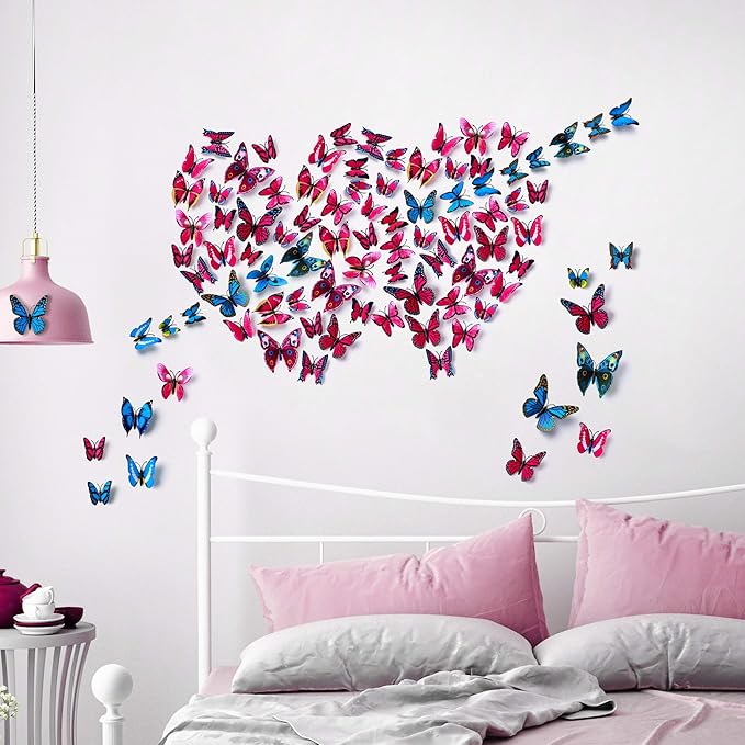 24pcs 3D Vivid Special Man-Made Lively Butterfly Wall Stickers Removable Butterflies Wall Decals 3D Nursery Art Decor for Kids Girls Bedroom Living Room Classroom Party Decoration Pink & Blue