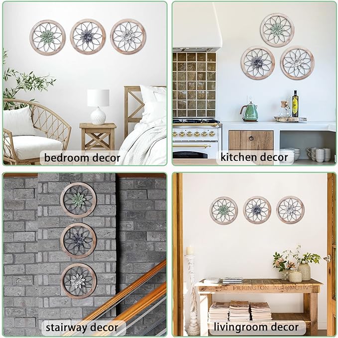 Paquesta 3 Piece Round Farmhouse Wall Decor with 6 Piece Interchangeable Flowers 15.75'' Medallion Wood & Metal Rustic Wall Art for Living Room Bedroom Kitchen Bathroom Dining Room Home Decorations (large black wheel)