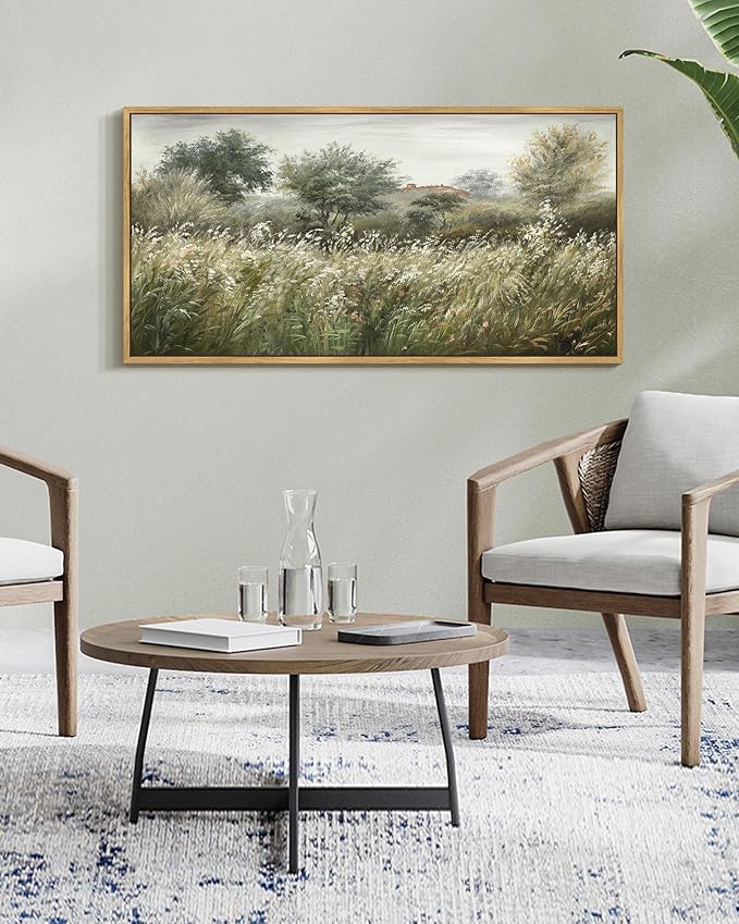 SHENIFY Vintage Landscape Framed Wall Art Meadow Scenery Farmhouse Decor Retro Painting for Bedroom Living Room Ready to Hang Wall Artwork - 20x40in Natural Framed