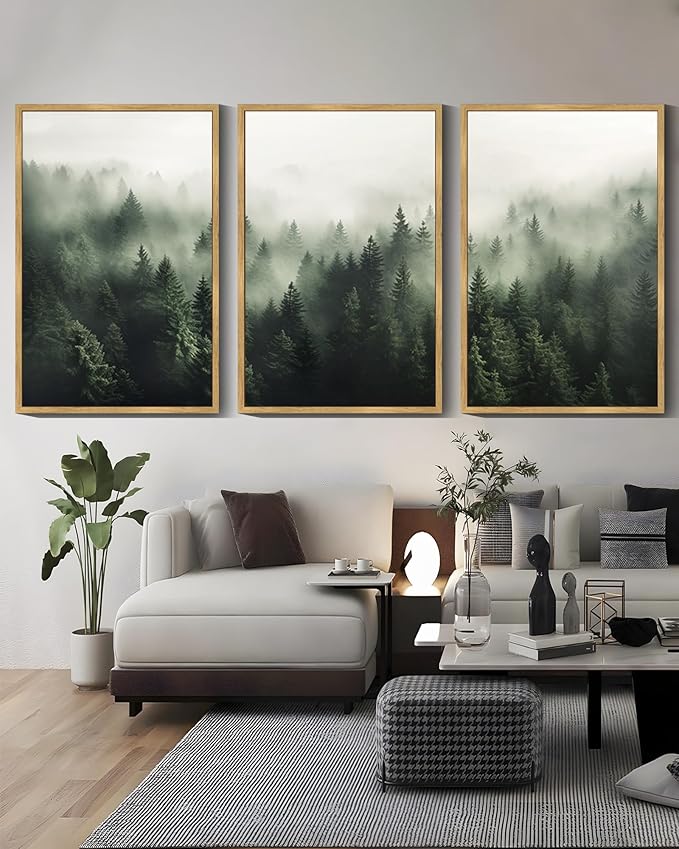 SHENIFY Green Fog Pine Tree Forest Canvas Wall Art Large 24x36in Framed Modern Artwork Prints Decor - Natural Framed