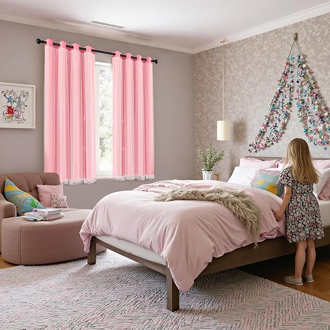 XiDi Pink Curtains for Girls Bedroom 2 Panels Pink Blackout Curtains with Sheer Overlay for Nursery Kids Room Star Double Layer Drapes with Tiebacks Room Darkening Grommet Window Treatment W34 X L63