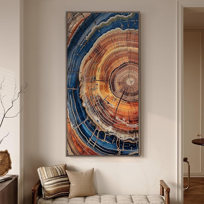 Extra Large Framed Vertical Tree Ring Wall Art for Living Room, Vintage Rustic Colorful Wood Stump Canvas Artwork for Walls, Nature Farmhouse Modern Wall Decor for Bedroom Hallway Office, 30x60 Inch