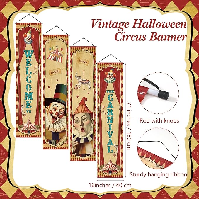 Tiamon 4 Pcs Vintage Christmas Halloween Carnival Porch Banners Retro Santa Clown Stretching Portraits Wall Decorations Gothic Porch Sign Backdrop for Xmas Indoor Outdoor Hanging Decor (Large Circus)
