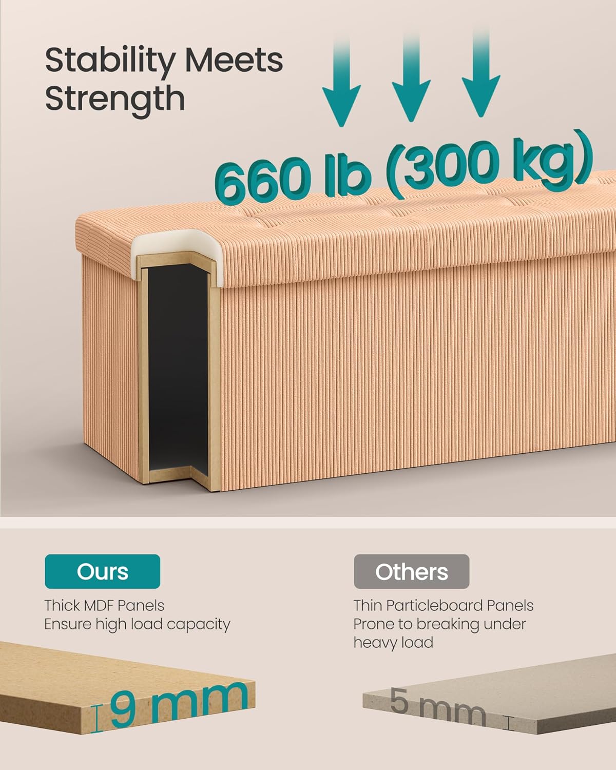 SONGMICS MAZIE Collection - Storage Ottoman Bench, Foldable Foot Rest, 15 x 43 x 15 Inches, End of Bed Bench, Storage Chest, Load 660 lb, Living Room, Bedroom, Entryway, Apricot ULSF604O01