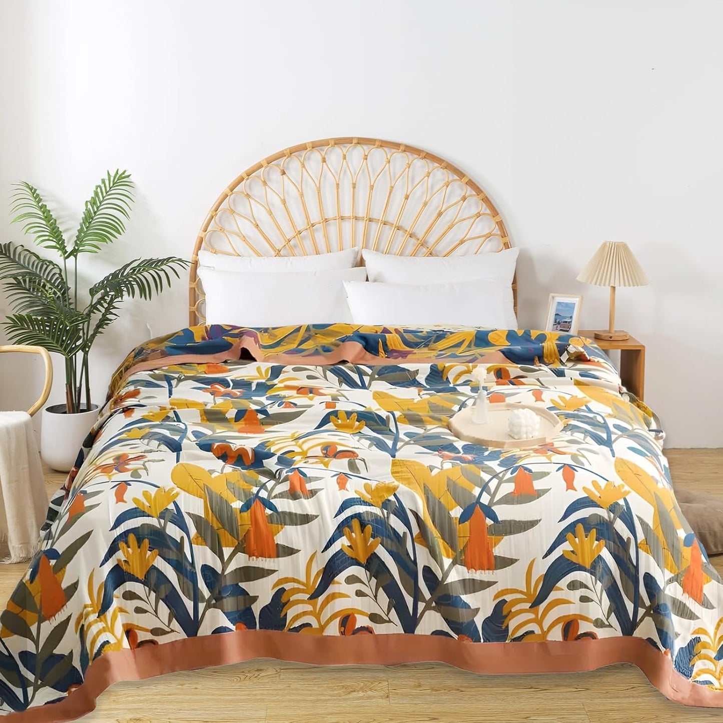 Boho Throw Blanket for Bed - 100% Pure Cotton Ultra Soft Rustic Quilt - Farmhouse Decor Bed Blankets, All Season Rustic Throw for Sofa Couch Chair(80''x 90'', Floral Sea)