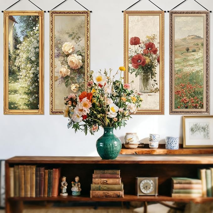 Tiamon 4 Pcs Vintage Floral Spring Wall Art Banner Spring Flower Country French Wall Decoration Nature Wildflower Porch Sign Backdrop for Floral Banner Landscape Farmhouse Indoor Outdoor Hanging Decor
