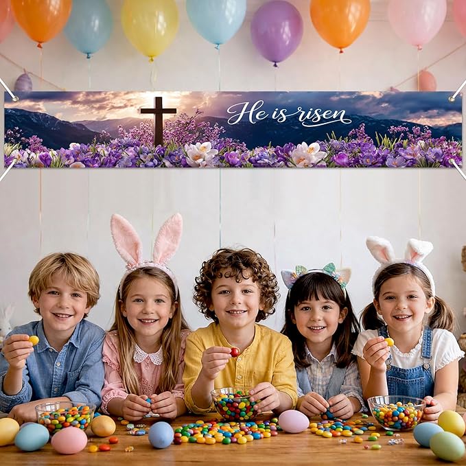 He Is Risen Easter Banner Resurrection Cross Spring Christian Faith Decor 118×20 inch Religious Easter Banner for Church Yard Fence Wall Door Indoor Outdoor Display