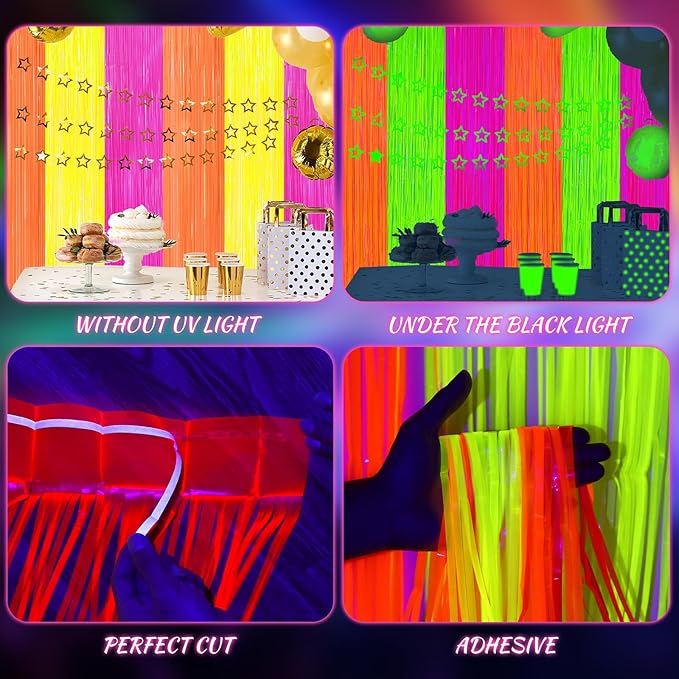 2 Pack Glow in The Dark Party Curtains Streamers, Neon Party Decorations Fluorescent Macaron Colorful Tinsel Foil Fringe Curtains, Photo Booth Prop Backdrop Streamers, Birthday Halloween Party Decor