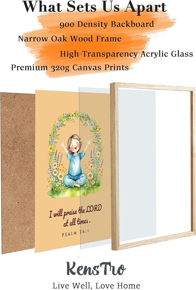 KensTro Natural OAK Wood Nursery Decor Framed Wall Art, 12x16 in Inspirational Christian Bible Verse Wall Art,I Will Praise the LORD at All Times PSALM 34:1 Print for Boys Girls Bedroom Decor Set of 1