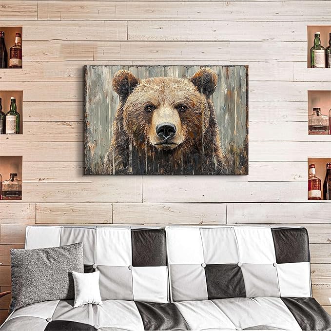 Bear Wall Art Farmhouse Wall Decor Rustic Animal Heads Canvas Prints Funny Animal Pictures Wildlife Portrait Painting Natural Modern Artwork for Teen Bedroom Living Room Home Decoration 24x36"