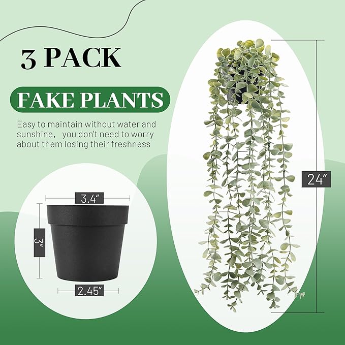 Der Rose 3Pcs Fake Plants Hanging Artificial Decor Faux Potted Eucalyptus Plants for Boho Bathroom Home Office Desk Wall Shelf Bookcase Accessories Decor Indoor