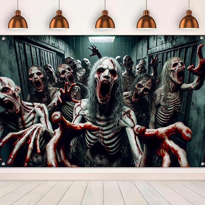 Halloween Banner 71x43 Inch Zombie Backdrop Scary Haunted House Wall Decor for Spooky Halloween Decorations Indoor Outdoor Party Supplies