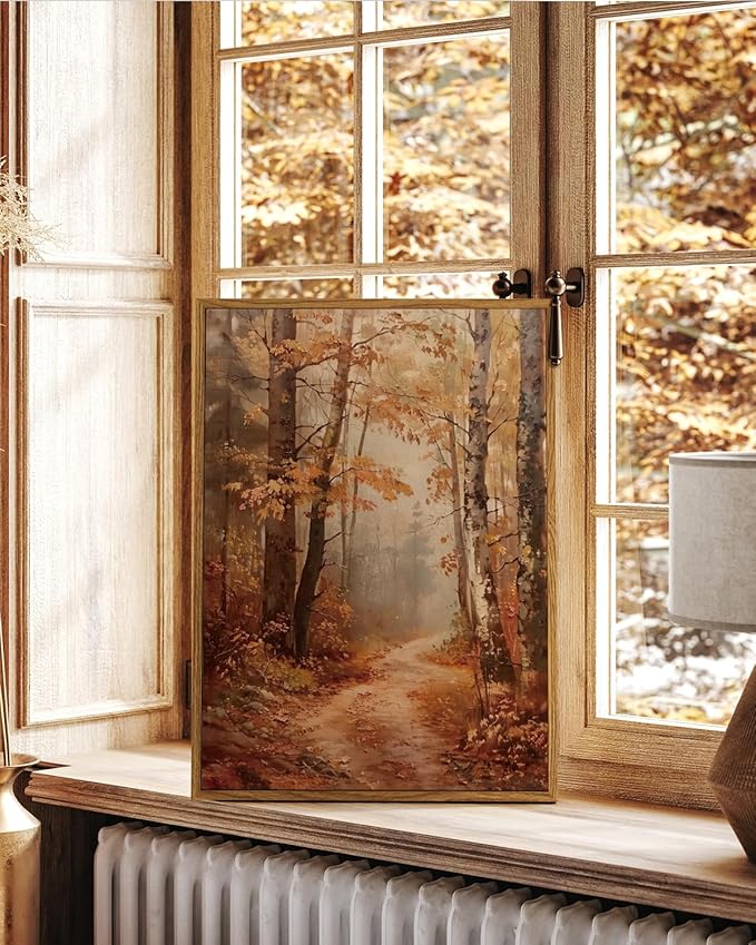Autumn Forest Framed Canvas Wall Art 12x16 Trees Leaves Trail Artwork, Woodland Path in Fall Colors Landscape Print, Rustic Nature Forest Painting Farmhouse Bedroom Entryway Home Décor