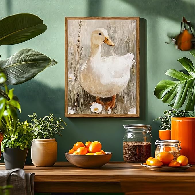 Framed Vintage Duck Canvas Wall Art, Cute Farmhouse Animal Pictures Wall Decor, Rustic Country Nature Paintings Prints Cottagecore Home Decor for Living Room Bedroom Bathroom 16x24 inch