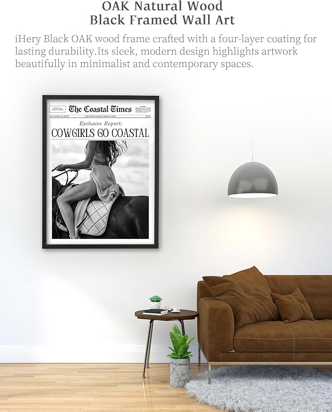 iHery Premium Natural Black OAK Wood 12x16in Cowgirls Go Coastal Trendy Framed Wall Art, Vintage Western Horseback Riding Times Canvas Wall Decor For Dorm Bedroom Living Room 1Pack