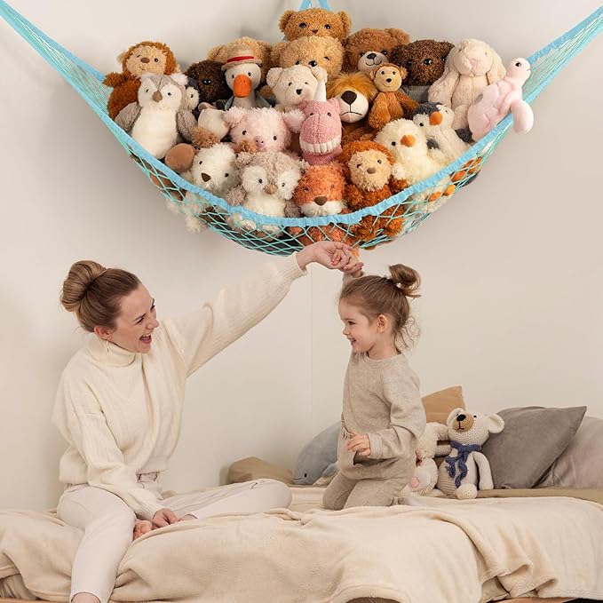 Stuffed Animal Storage Hammock Net Corner - Large Toy Hammock Net for Stuffed Animals Room Decor - Cute Stuff Animal Organizer Holder for Plush Plushie - Kids Baby Nursery Wall Bedroom Home Decor